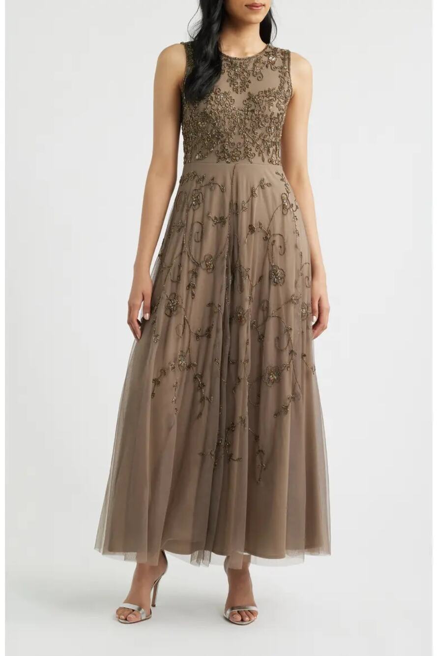 Pissaro Night Embellished Cocktail Dress Mocha Womens Size 8